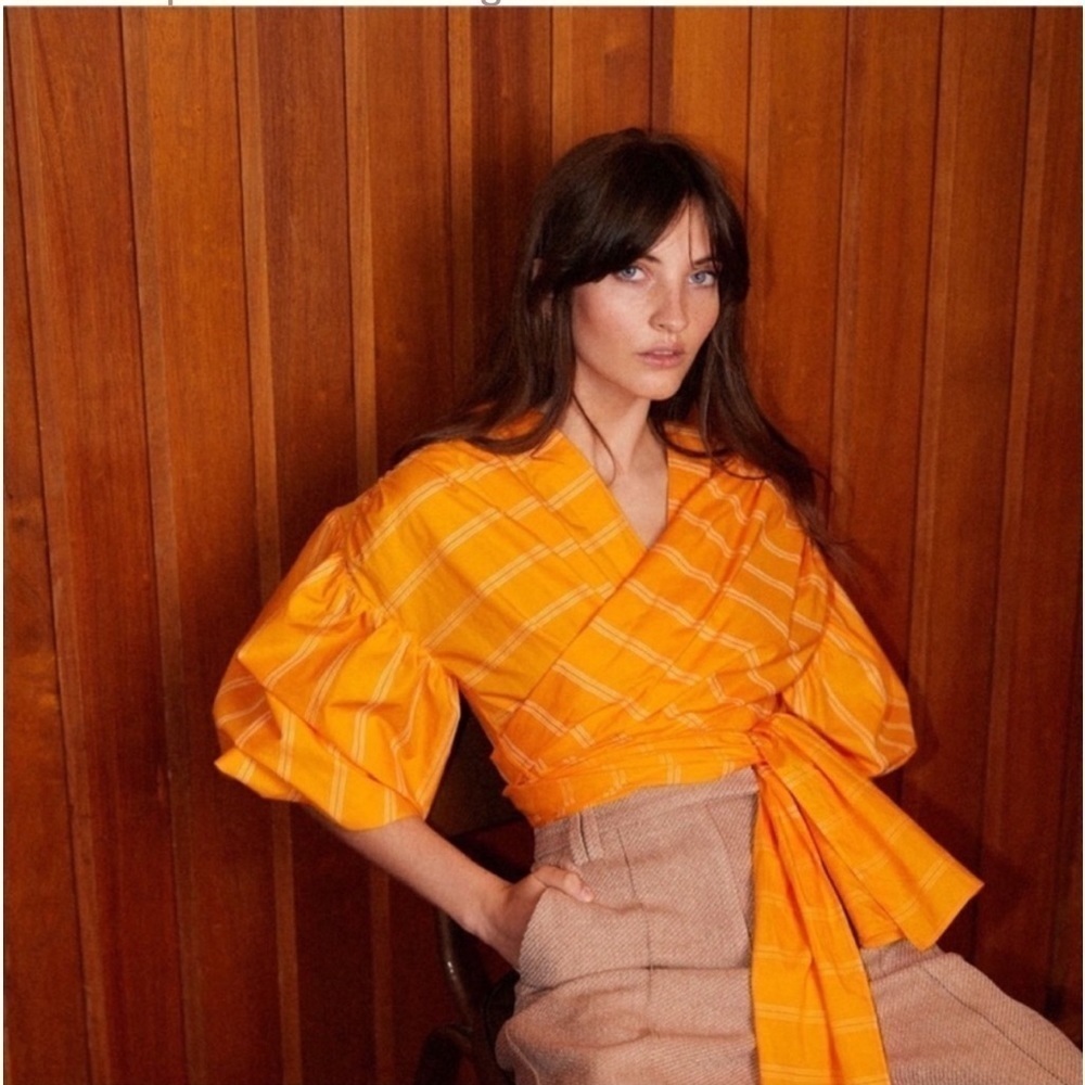 Acler Wyatt Blouse Puff Sleeve V-Neck Orange Striped Cotton